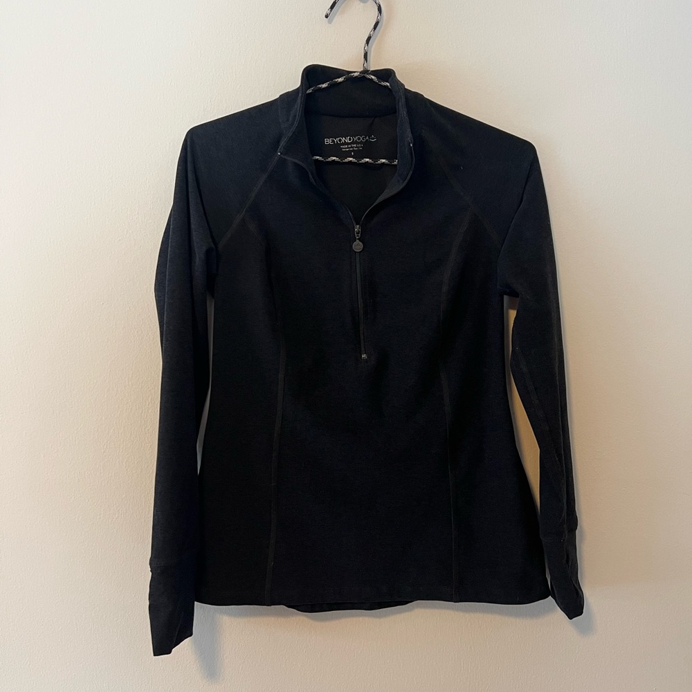 beyond yoga darkest night black space dye quarter zip jacket